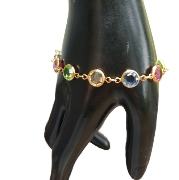 SWAROVSKI 1980s MULTICOLOR BEZEL SET CRYSTAL & GOLDTONE TENNIS BRACELET - Picture 2 of 6